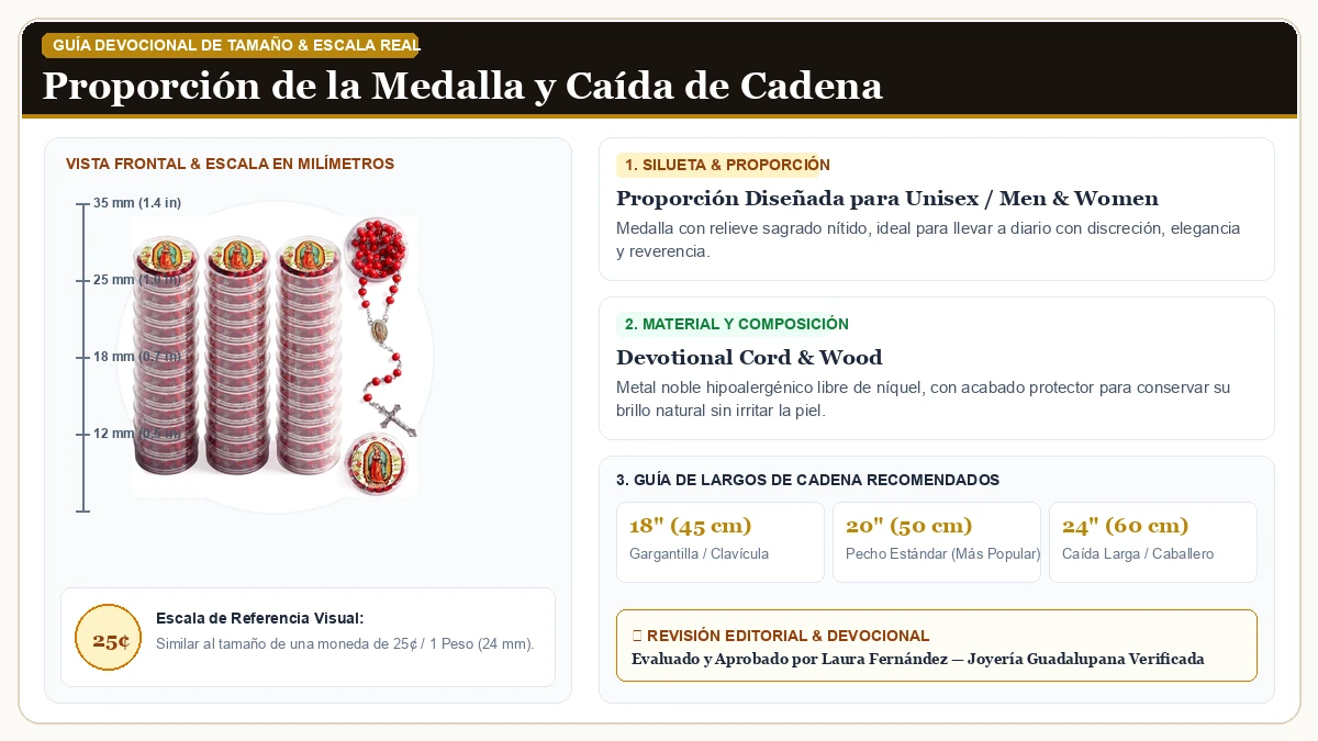 Infografía de escala y medidas en milímetros: Bucherry 36 Pcs Virgen De Guadalupe Scented Rosary Collar Our Lad en Cordón Devocional y Madera Sagrada con guía de tamaño y largo de cadena