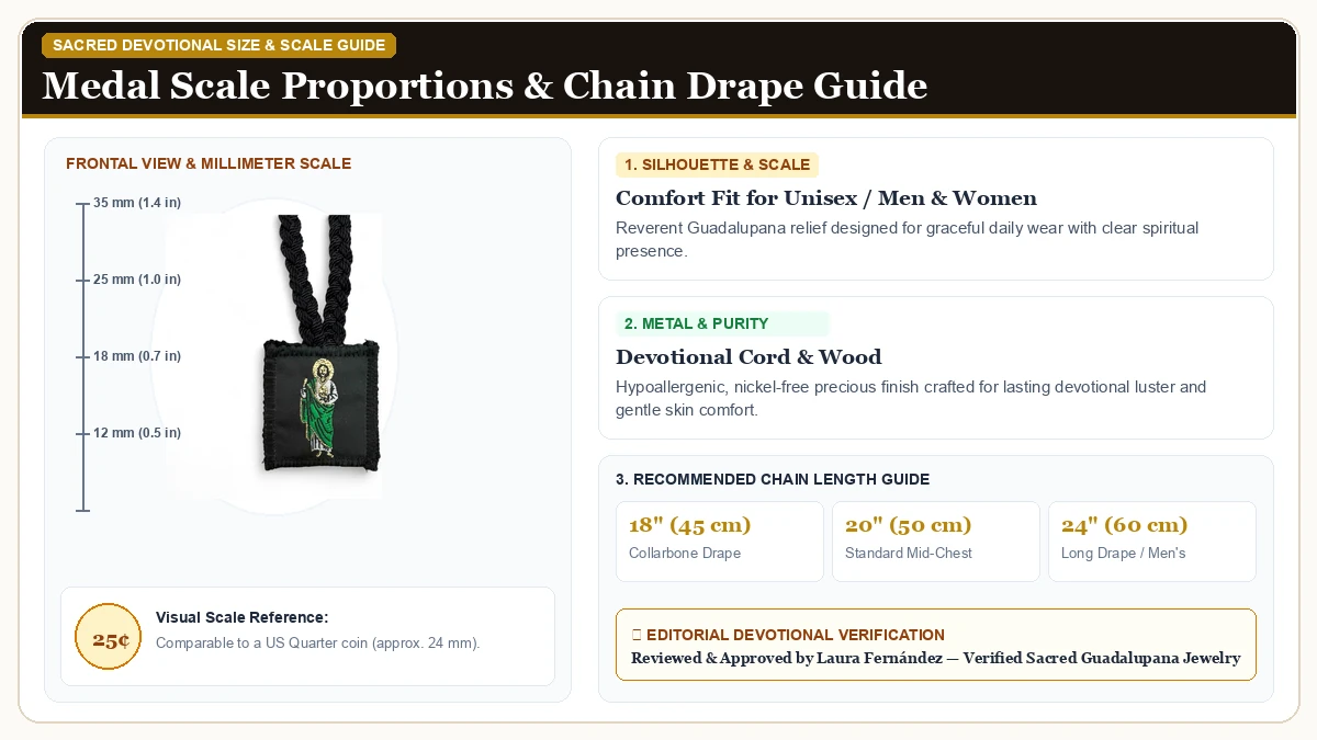 Size and millimeter scale measurement infographic: St Jude Our Lady of Guadalupe Corded Black Scapular Necklace Scap in Devotional Cord & Wood with chain drape guide