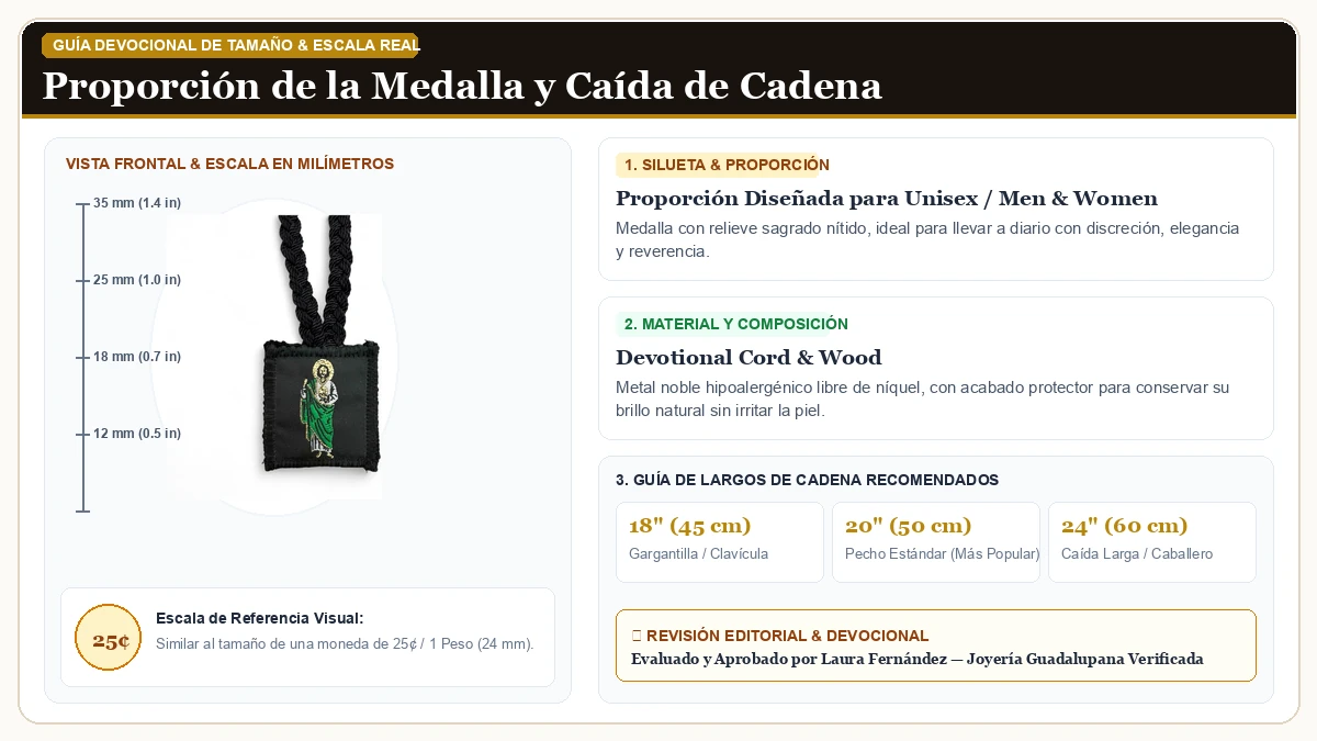 Infografía de escala y medidas en milímetros: St Jude Virgen de Guadalupe Corded Black Escapulario Collar Escap en Cordón Devocional y Madera Sagrada con guía de tamaño y largo de cadena