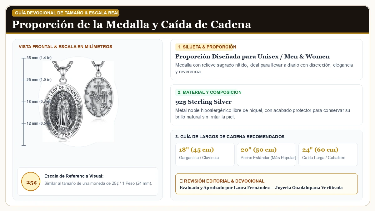 Infografía de escala y medidas en milímetros: EUDORA 925 de Ley Plata St Christopher/St Benedict/St Michael/Vir en Plata de Ley 925 Esterlina con guía de tamaño y largo de cadena