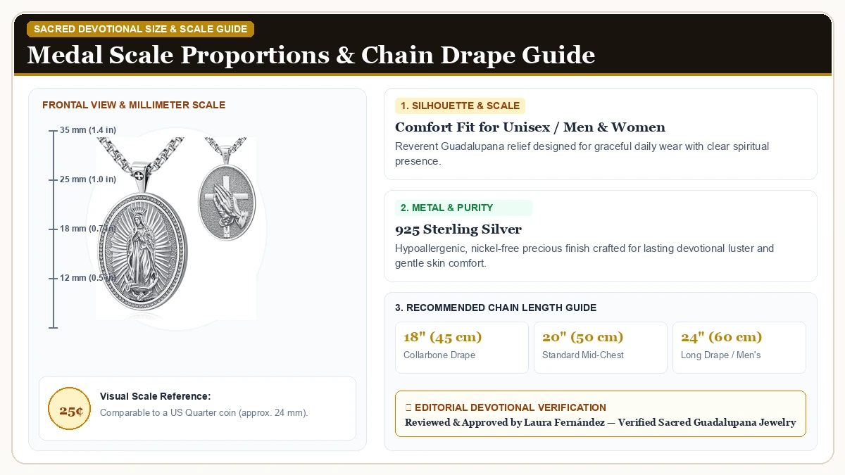 Size and millimeter scale measurement infographic: Eusense Saint Necklace Sterling Silver 925 Protection Jewelry for in 925 Sterling Silver with chain drape guide