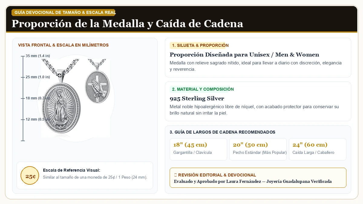 Infografía de escala y medidas en milímetros: Eusense Saint Collar de Ley Plata 925 Protección Joyería para Cab en Plata de Ley 925 Esterlina con guía de tamaño y largo de cadena