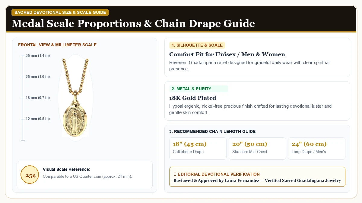 Size and millimeter scale measurement infographic: 18K Yellow Gold Our Lady of Guadalupe necklace Religious Jewelry  in 18K Gold Plated with chain drape guide