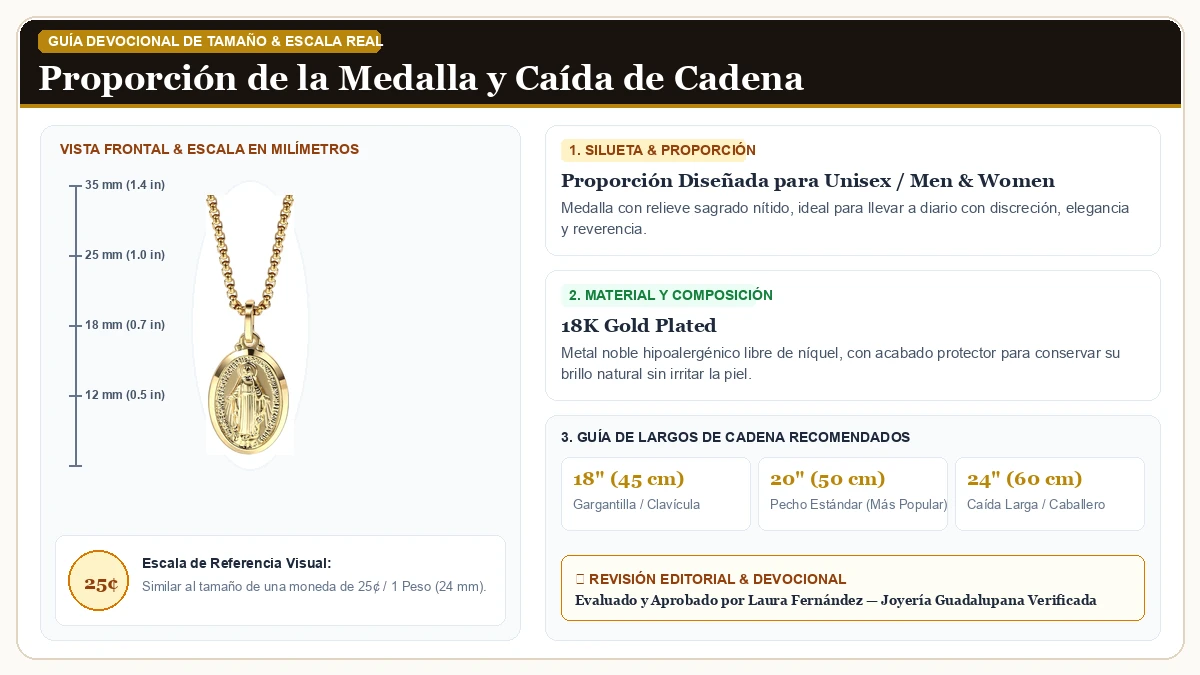 Infografía de escala y medidas en milímetros: 18K Yellow Oro virgen de guadalupe Collar Religioso Joyería Our L en Chapa de Oro de 18K Reluciente con guía de tamaño y largo de cadena