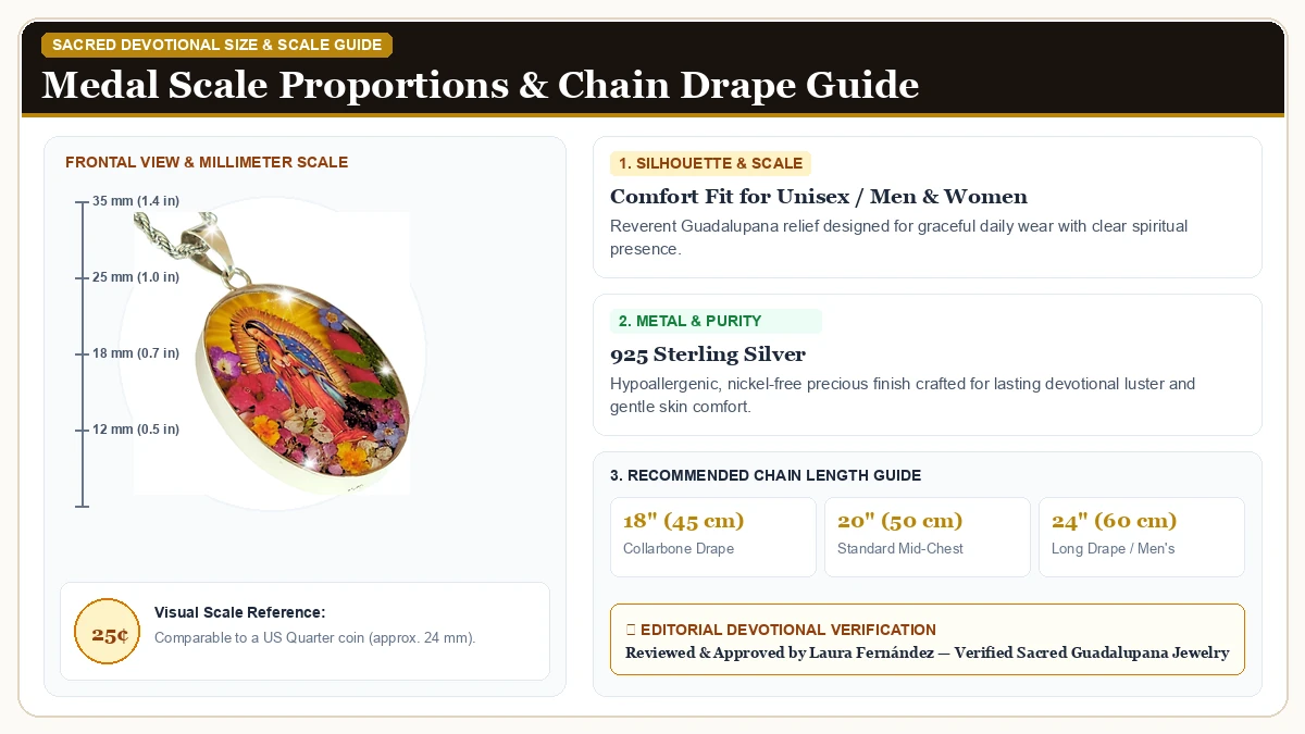 Size and millimeter scale measurement infographic: Virgin Mary Necklace Lady of Guadalupe Pendant Mary Medal Pressed in 925 Sterling Silver with chain drape guide