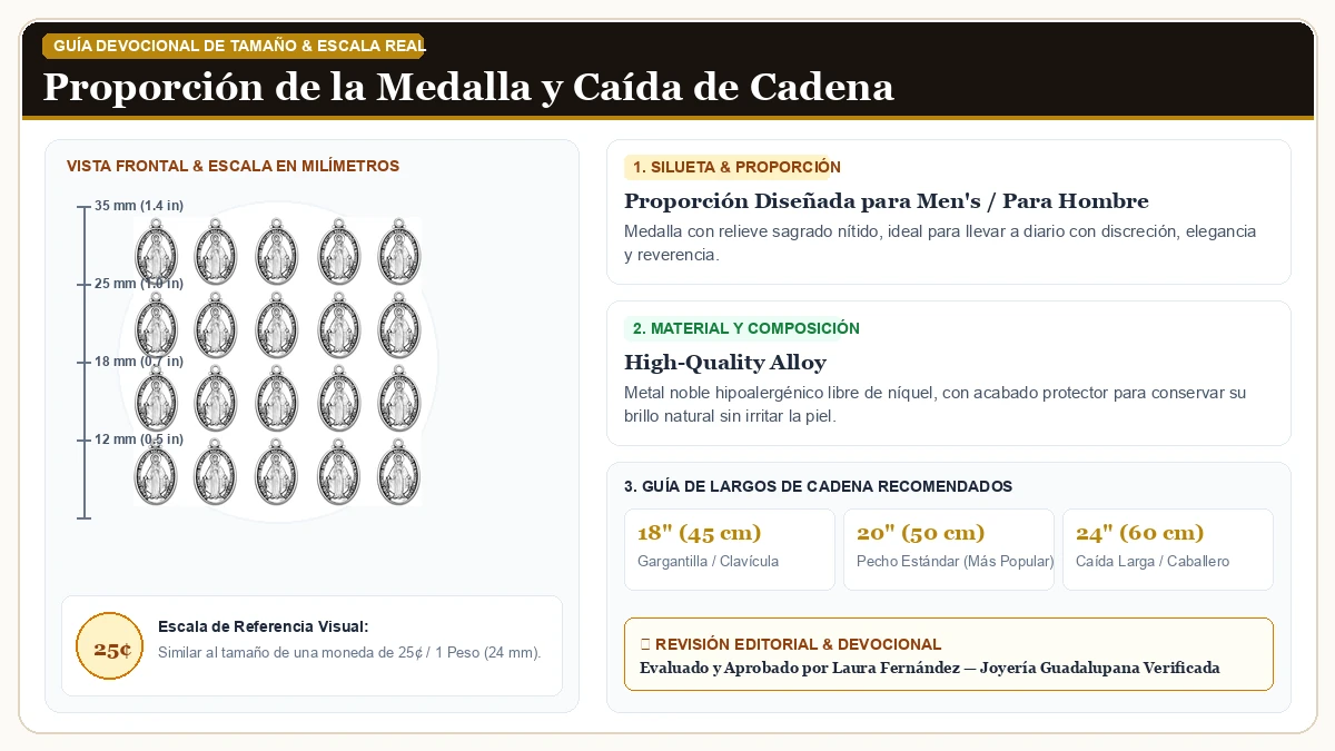 Infografía de escala y medidas en milímetros: 60Pcs Metal Oval Cruz Del Perdon Catolica Virgen De Guadalupe Cha en Aleación Metálica Resistente Libre de Níquel con guía de tamaño y largo de cadena