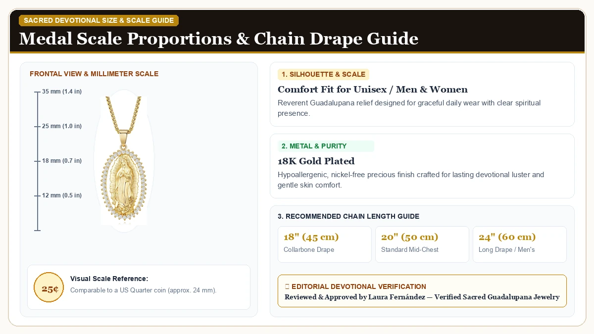 Size and millimeter scale measurement infographic: 18K Gold Plated Virgin Mary Necklace in 18K Gold Plated with chain drape guide