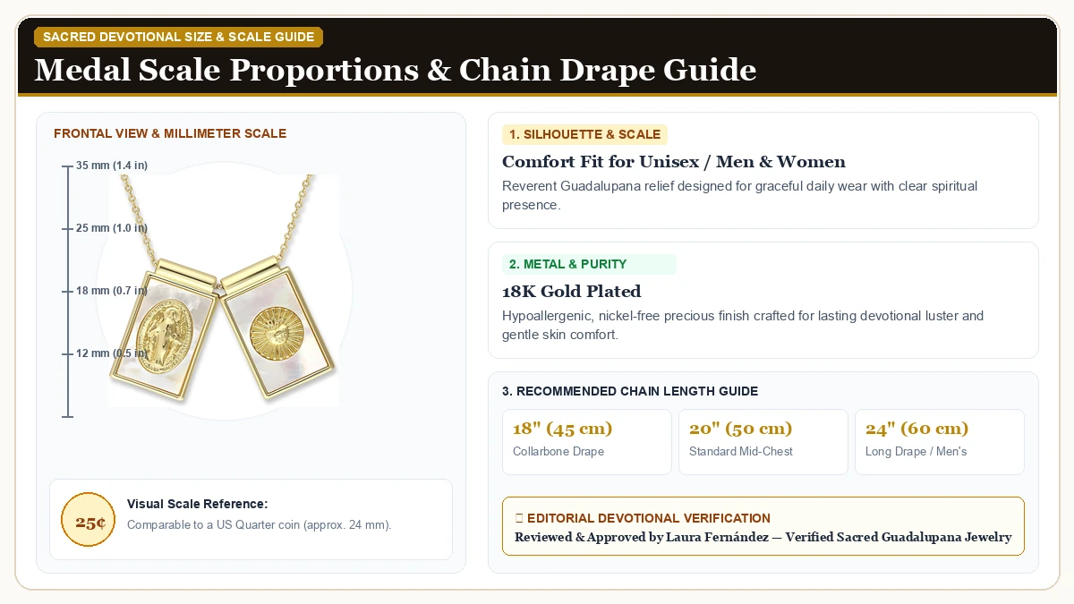 Size and millimeter scale measurement infographic: Scapulars Catholic Necklace in 18K Gold Plated with chain drape guide