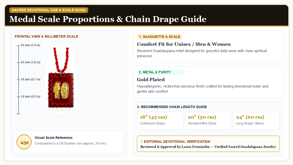 Size and millimeter scale measurement infographic: GCK Our Lady of Guadalupe St Jude Red Wood Scapular Necklace Reve in Gold Plated Alloy with chain drape guide