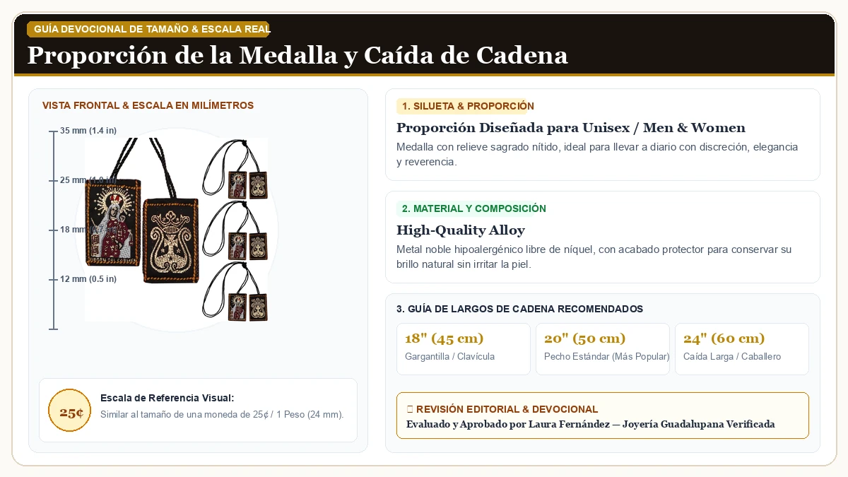 Infografía de escala y medidas en milímetros: Escapulario de la Virgen del Carmen Pack of 3 Escapulario Catolic en Aleación Metálica Resistente Libre de Níquel con guía de tamaño y largo de cadena