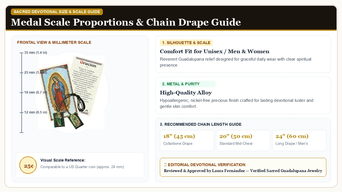 Size and millimeter scale measurement infographic: Scapular De Saint Jude in Hypoallergenic Metal Alloy with chain drape guide