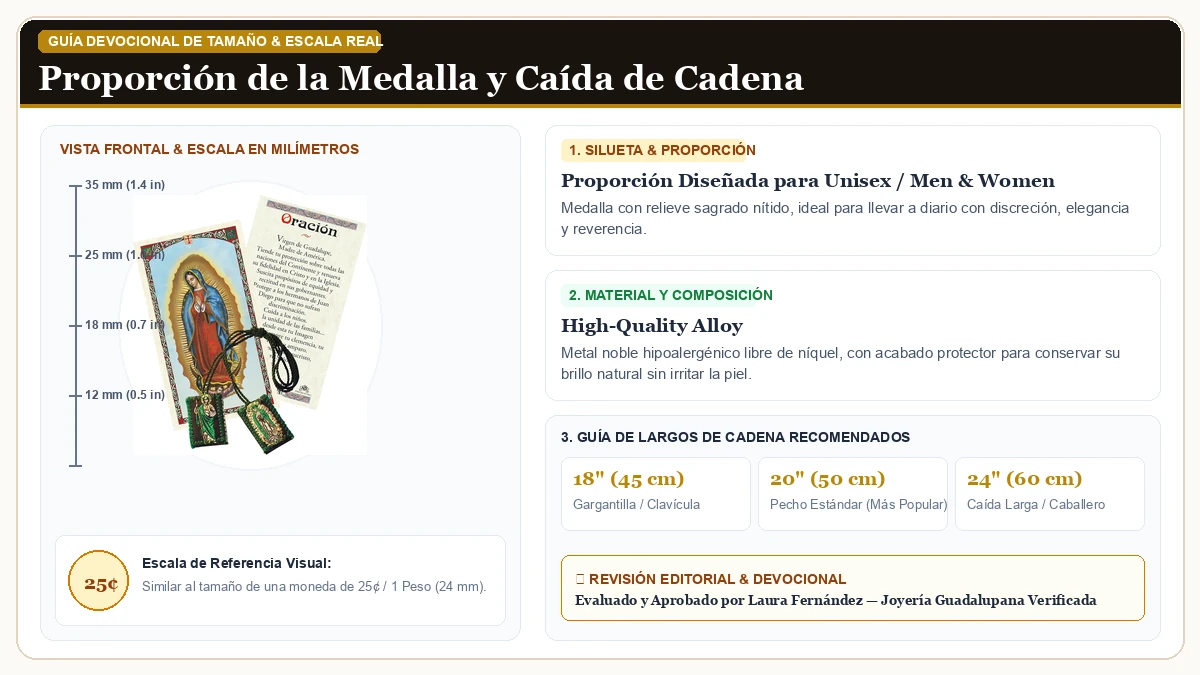 Infografía de escala y medidas en milímetros: Escapulario De San Judas Tadeo en Aleación Metálica Resistente Libre de Níquel con guía de tamaño y largo de cadena