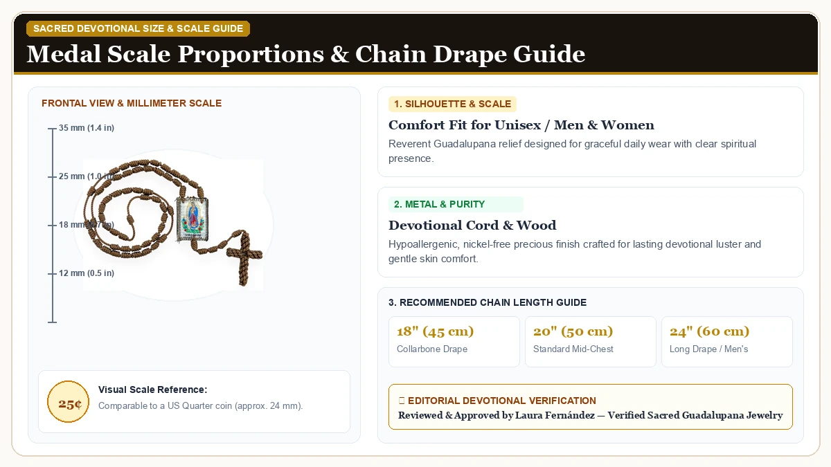 Size and millimeter scale measurement infographic: Generic Our Lady of Guadalupe Virgin Mary with St Michael Brown T in Devotional Cord & Wood with chain drape guide