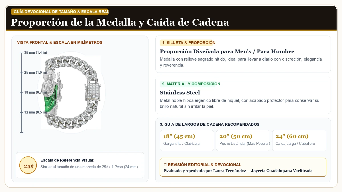 Infografía de escala y medidas en milímetros: San Judas Tadeo Brazalete Stainless Steel Plated San Judas Tadeo  en Acero Quirúrgico Inoxidable 316L con guía de tamaño y largo de cadena