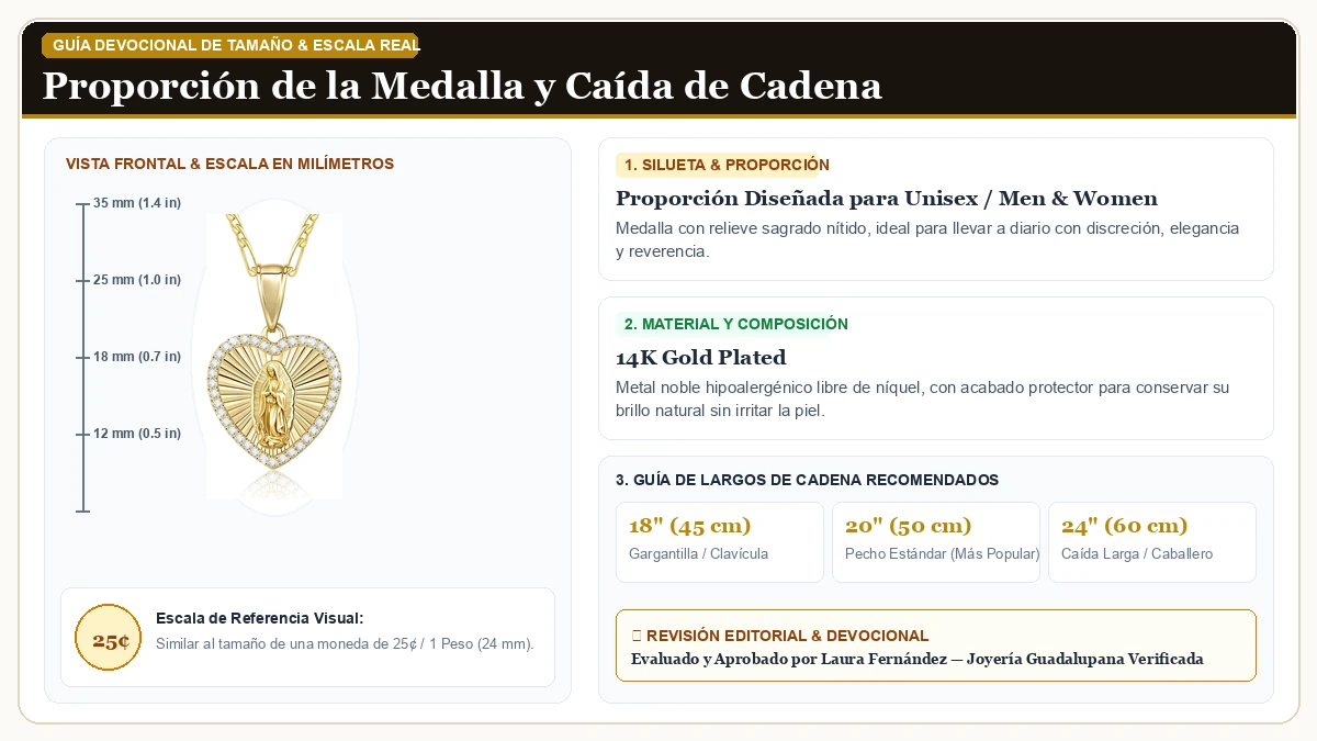 Infografía de escala y medidas en milímetros: Católico Regalo Virgen María Collar para Dama, 14K Oro plated Gua en Chapa de Oro de 14K de Alta Calidad con guía de tamaño y largo de cadena