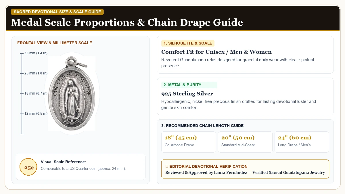 Size and millimeter scale measurement infographic: Elegant Our Lady of Guadalupe Medal Pendant in 925 Sterling Silver with chain drape guide