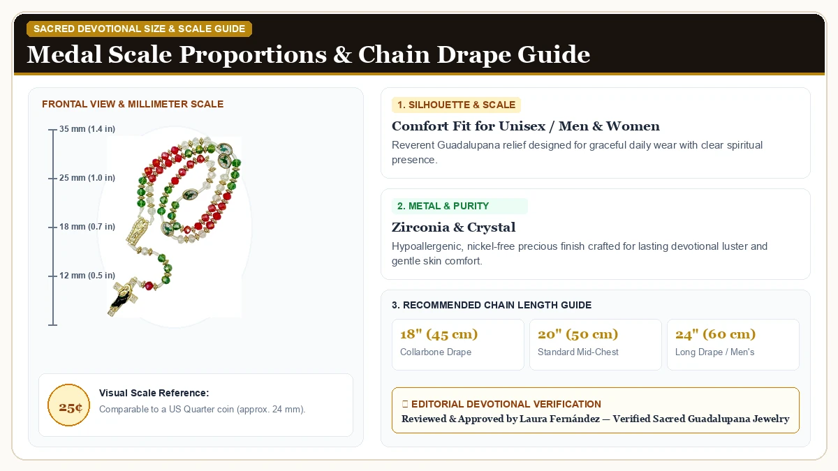 Size and millimeter scale measurement infographic: Exquisite Rosary Saint Jude Cross Pendant Mexican Necklace in Cubic Zirconia & Crystals with chain drape guide