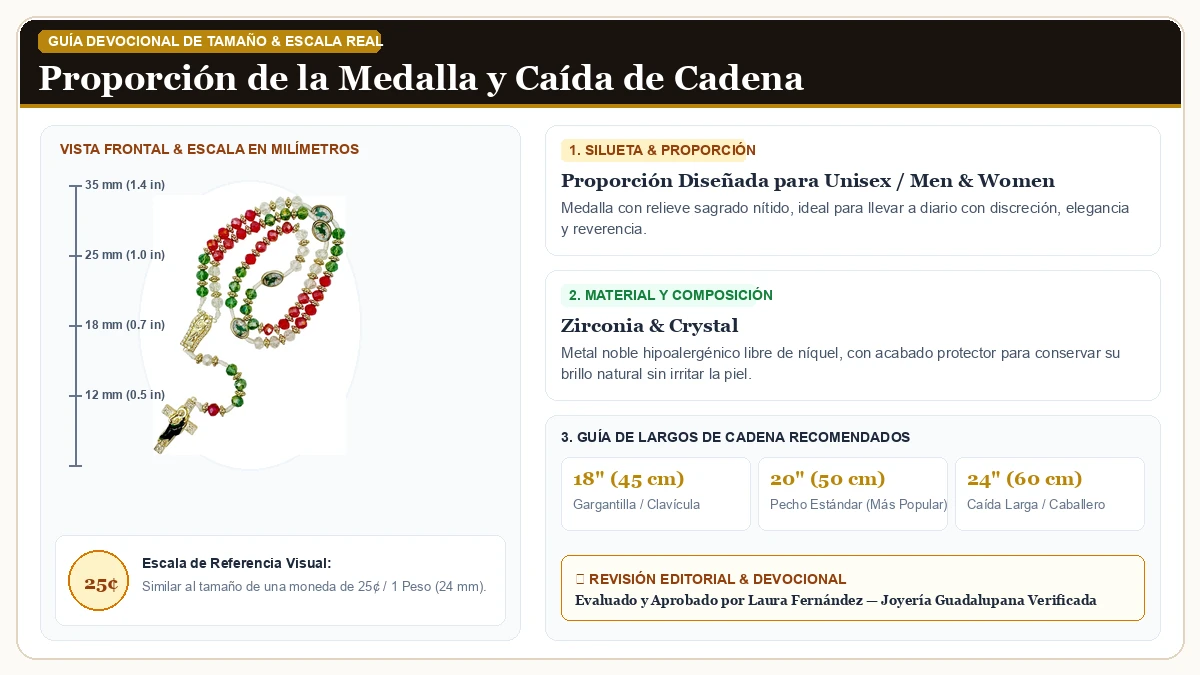 Infografía de escala y medidas en milímetros: Exquisite Rosary San Judas Tadeo Cross Medalla Colgante Mexican C en Circonias Cúbicas Brillantes con guía de tamaño y largo de cadena