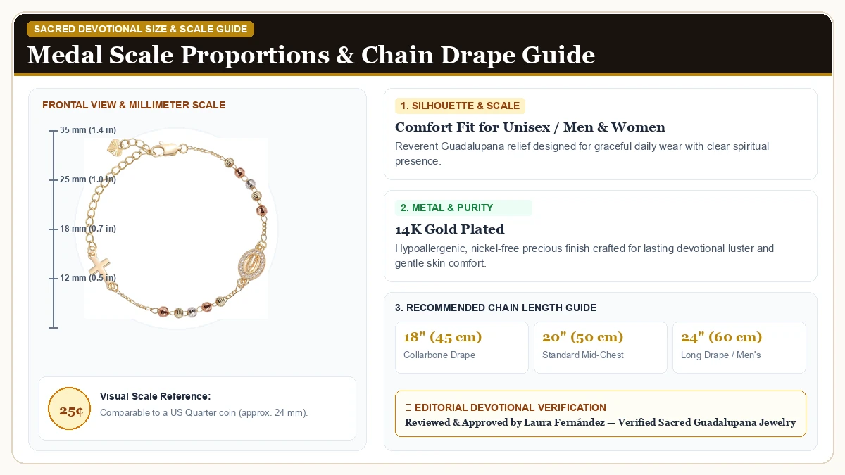 Size and millimeter scale measurement infographic: Religious Gift Rosary Bracelet for Women in 14K Gold Plated Brass with chain drape guide