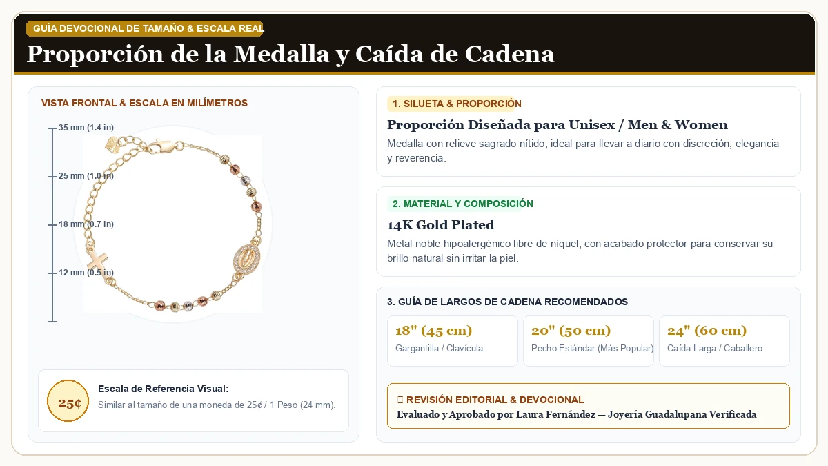 Infografía de escala y medidas en milímetros: Religioso Regalo Rosary Brazalete para Dama en Chapa de Oro de 14K de Alta Calidad con guía de tamaño y largo de cadena