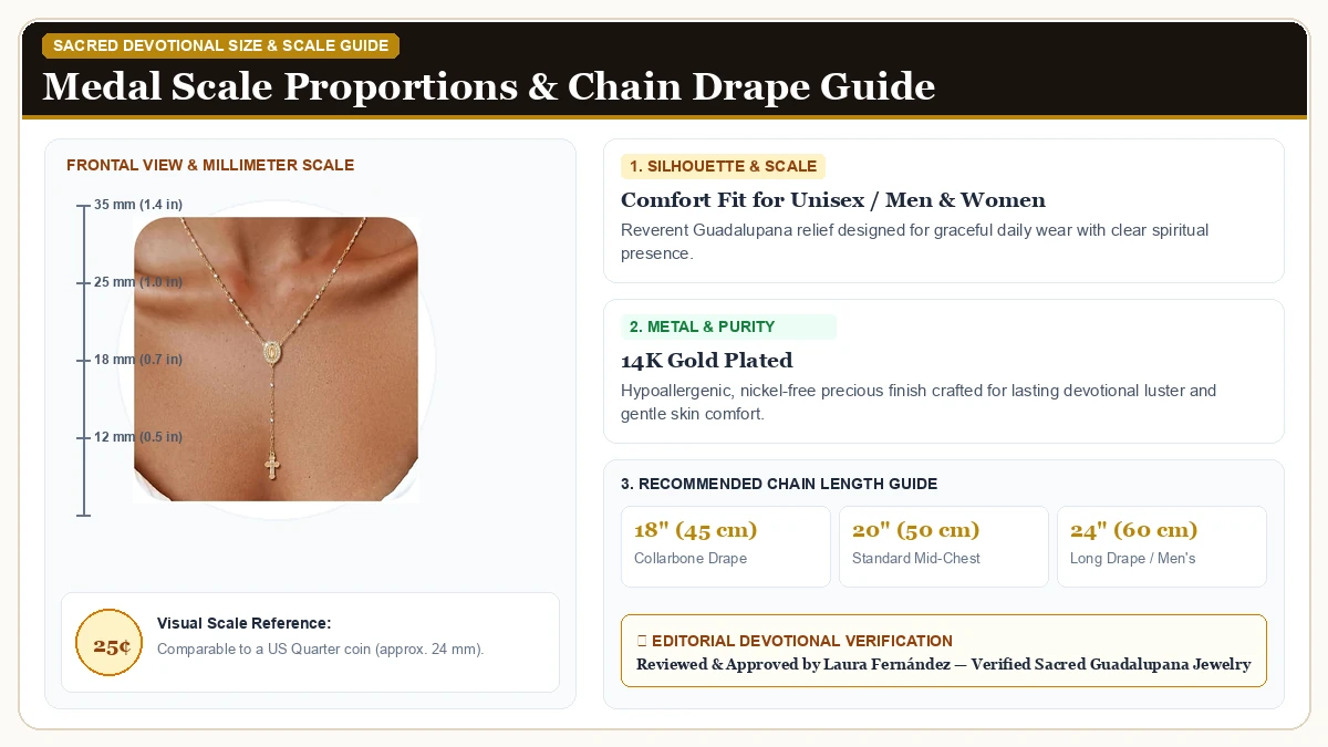 Size and millimeter scale measurement infographic: Women's Gold Virgin Mary Necklace in 14K Gold Plated Brass with chain drape guide