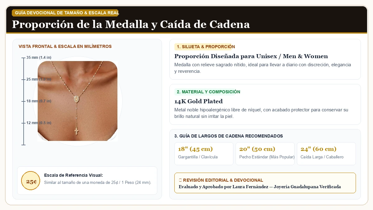 Infografía de escala y medidas en milímetros: Women's Oro Virgen María Collar en Chapa de Oro de 14K de Alta Calidad con guía de tamaño y largo de cadena
