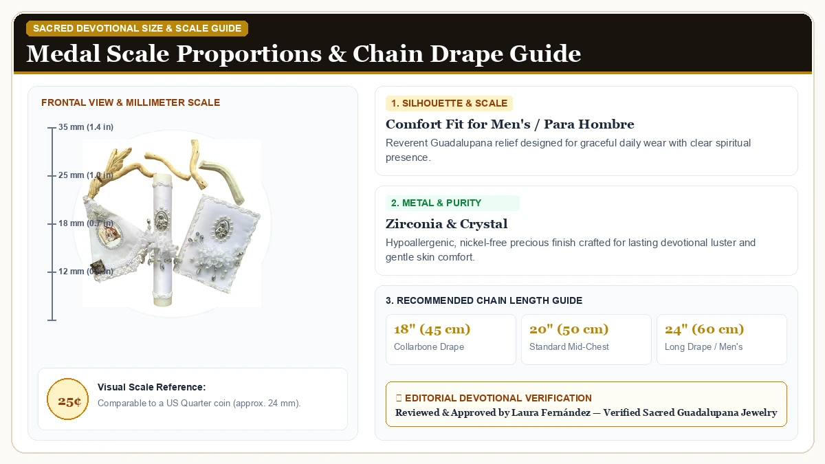 Size and millimeter scale measurement infographic: Set de Vela para Primera Comunión con Medal de la Our Lady of Gua in Cubic Zirconia & Crystals with chain drape guide