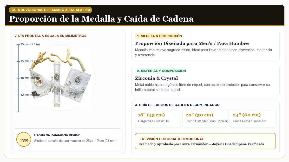 Infografía de escala y medidas en milímetros: Set de Vela para Primera Comunión con Medalla de la Virgen de Gua en Circonias Cúbicas Brillantes con guía de tamaño y largo de cadena