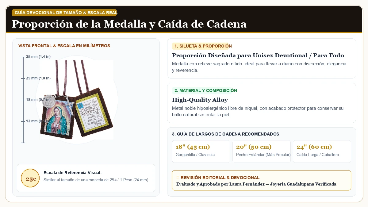 Infografía de escala y medidas en milímetros: Needzo Virgen de Guadalupe Brown Escapulario con Medallas, Tradit en Aleación Metálica Resistente Libre de Níquel con guía de tamaño y largo de cadena