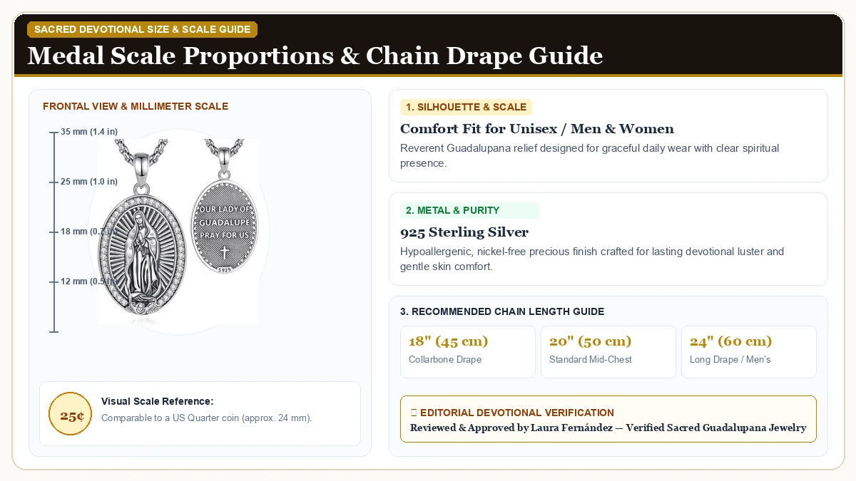 Size and millimeter scale measurement infographic: INFUSEU 925 Sterling Silver Religious Protection Medal for Men Wo in 925 Sterling Silver with chain drape guide