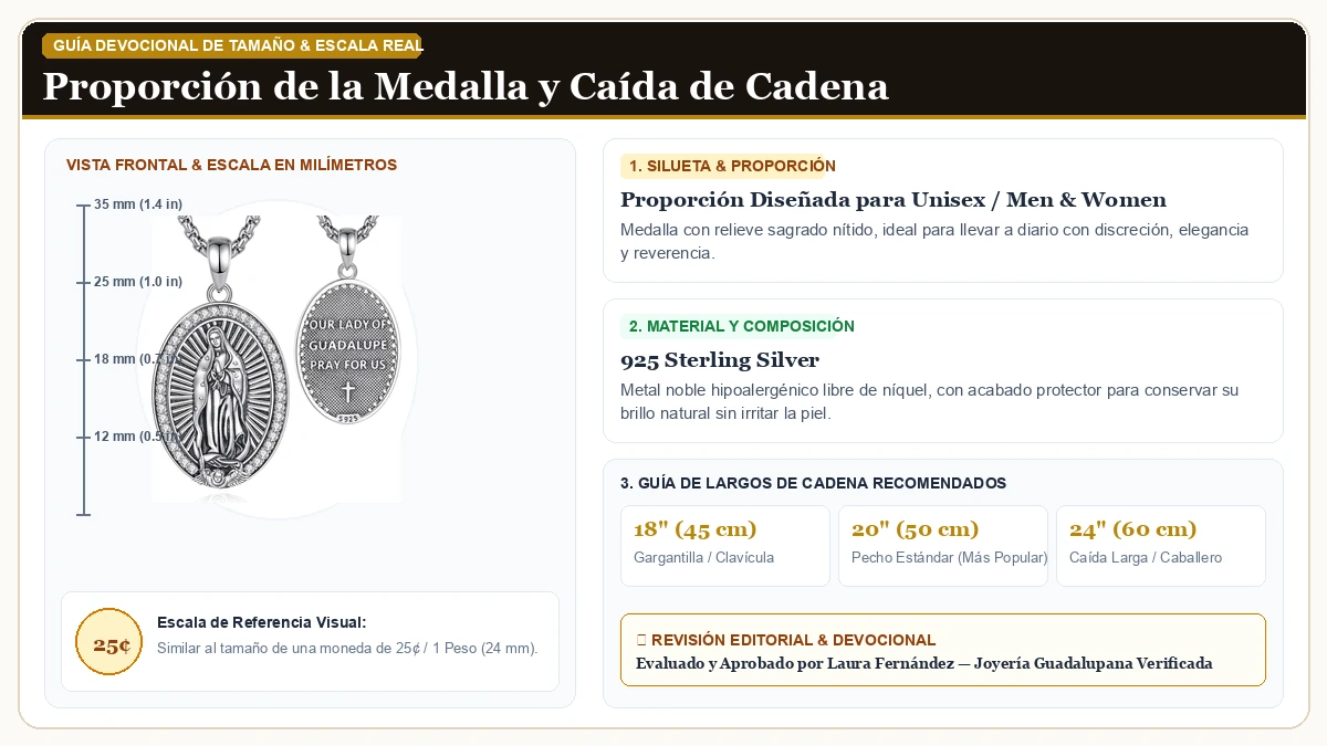 Infografía de escala y medidas en milímetros: INFUSEU 925 de Ley Plata Religioso Protección Medalla para Caball en Plata de Ley 925 Esterlina con guía de tamaño y largo de cadena