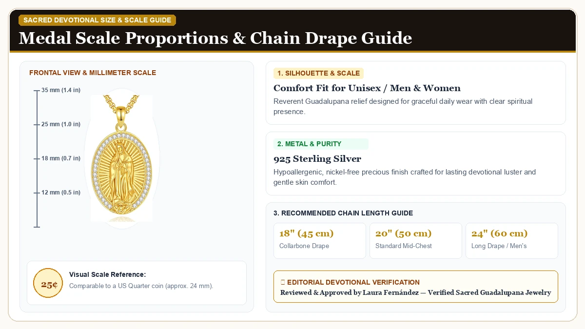 Size and millimeter scale measurement infographic: INFUSEU Faith in 925 Sterling Silver with chain drape guide