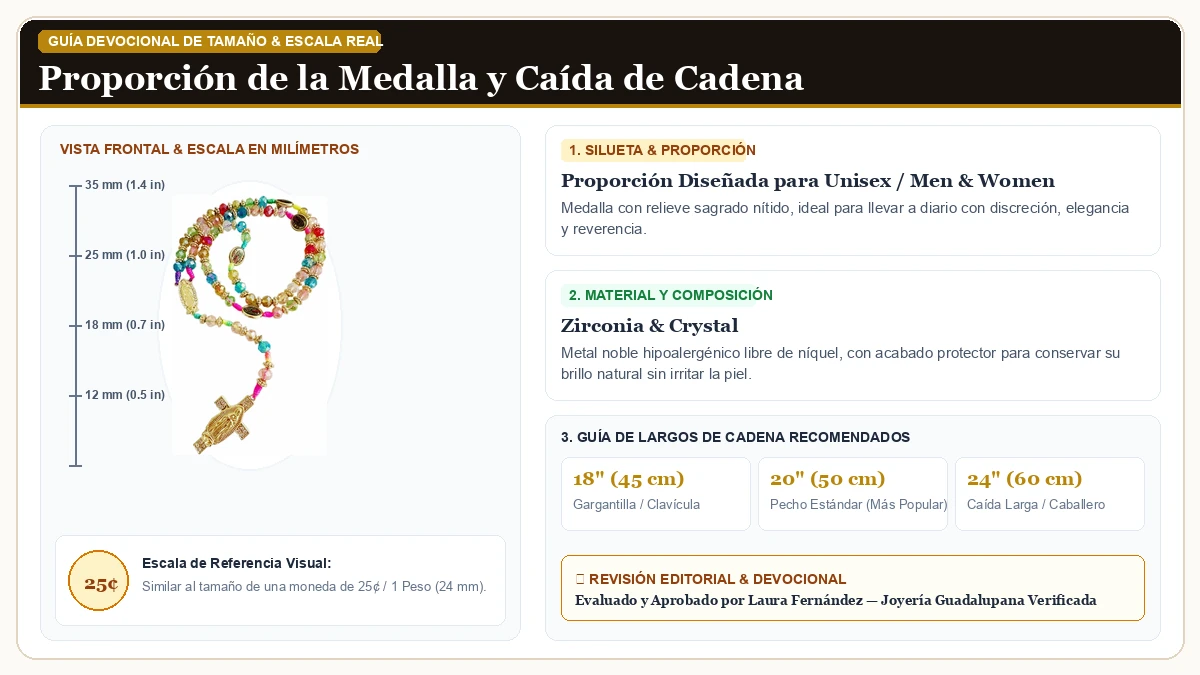 Infografía de escala y medidas en milímetros: BONITTER Mexican Virgen María Collar, Guadalupe Crucifix Wall Cro en Circonias Cúbicas Brillantes con guía de tamaño y largo de cadena