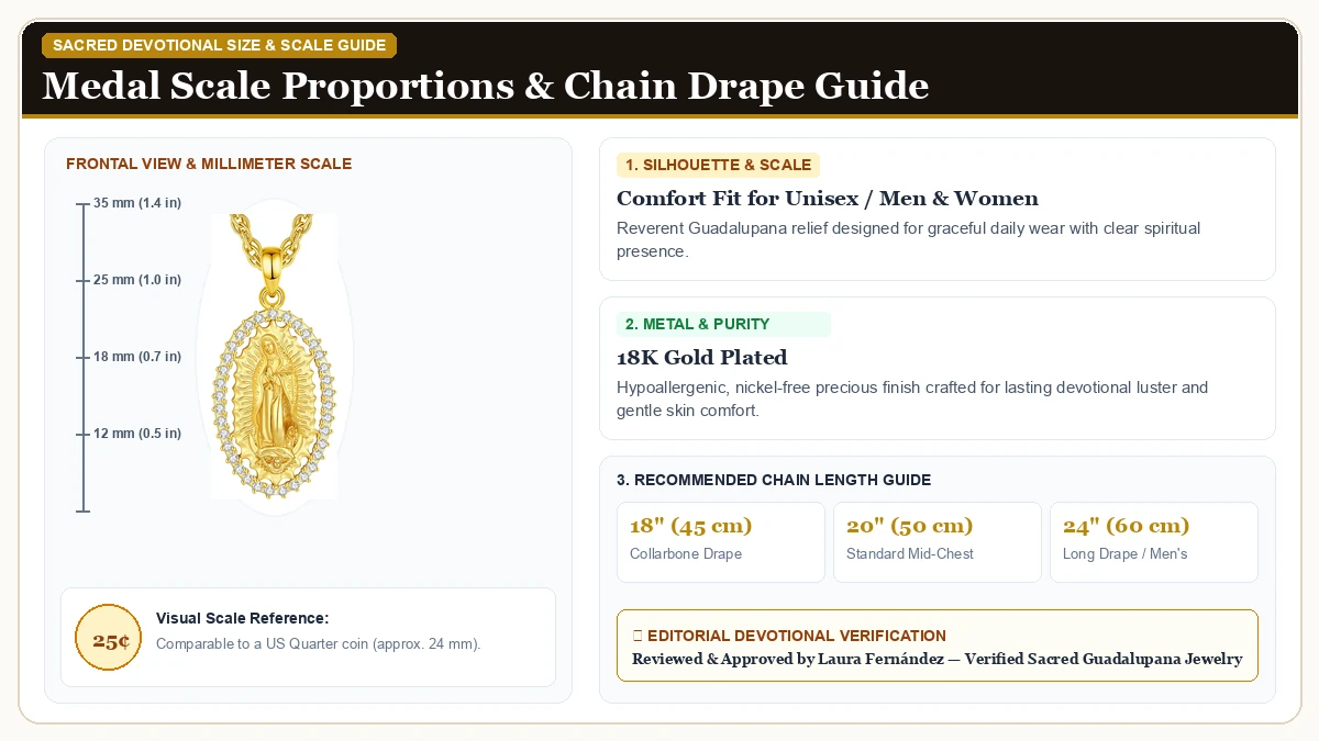 Size and millimeter scale measurement infographic: EUDORA 925 Sterling Silver St Benedict/St Michael/St Christopher/ in 18K Gold Plated with chain drape guide
