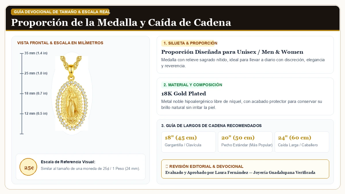 Infografía de escala y medidas en milímetros: EUDORA 925 de Ley Plata St Benedict/St Michael/St Christopher/Arc en Chapa de Oro de 18K Reluciente con guía de tamaño y largo de cadena
