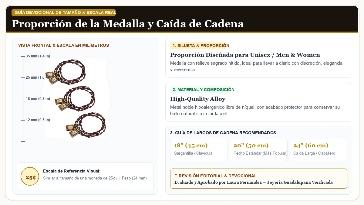 Infografía de escala y medidas en milímetros: COTTVOTT Católico Escapulario Collar Catolicos Sacred Heart of Je en Aleación Metálica Resistente Libre de Níquel con guía de tamaño y largo de cadena