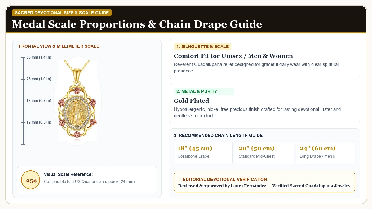 Size and millimeter scale measurement infographic: Sterling Silver St Michael/St Christopher/St Barbara/St Jude/St D in Gold Plated Alloy with chain drape guide