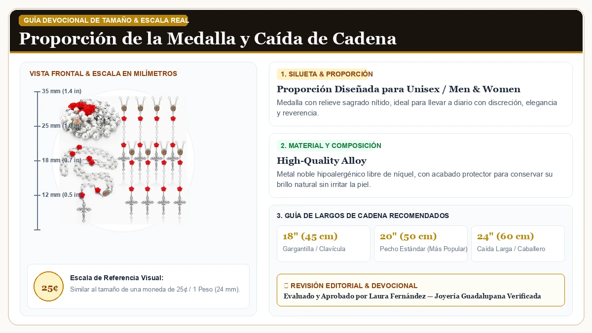 Infografía de escala y medidas en milímetros: Quelay 12 Pcs Virgen de Guadalupe Rosarios Catolicos Rosarie Bulk en Aleación Metálica Resistente Libre de Níquel con guía de tamaño y largo de cadena
