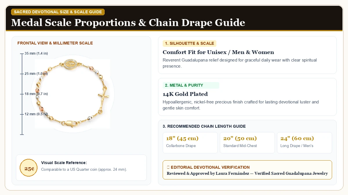 Size and millimeter scale measurement infographic: Catholic Crucifix Gifts Rosary Bracelet for Women in 14K Gold Plated Brass with chain drape guide
