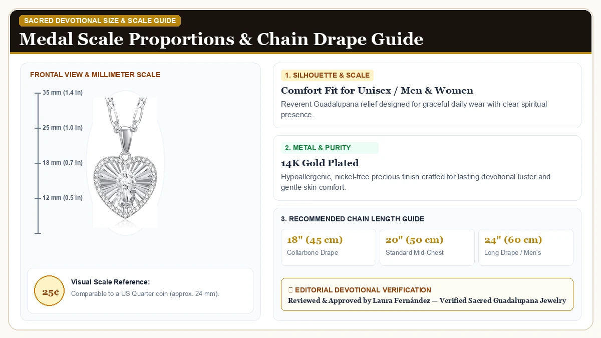 Size and millimeter scale measurement infographic: Catholic Gift Virgin Mary Necklace for Women, 14K gold plated Gua in 14K Gold Plated Brass with chain drape guide