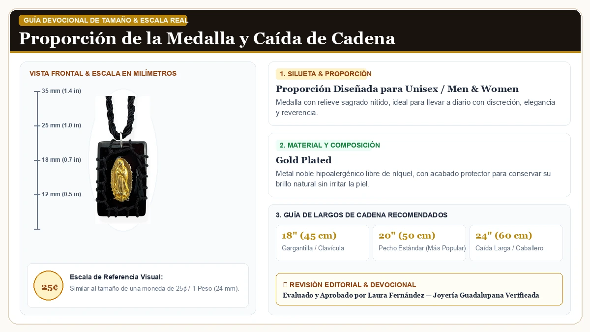 Infografía de escala y medidas en milímetros: Virgen de Guadalupe Black Wood Escapulario Collar Reversible Oro  en Chapa de Oro Duradera con guía de tamaño y largo de cadena