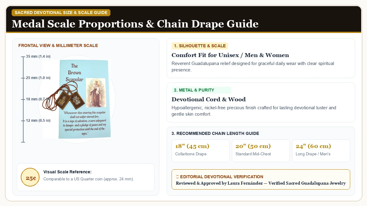 Size and millimeter scale measurement infographic: Westmon Works The Brown Scapular Prayer Set Traditional Wool Cath in Devotional Cord & Wood with chain drape guide