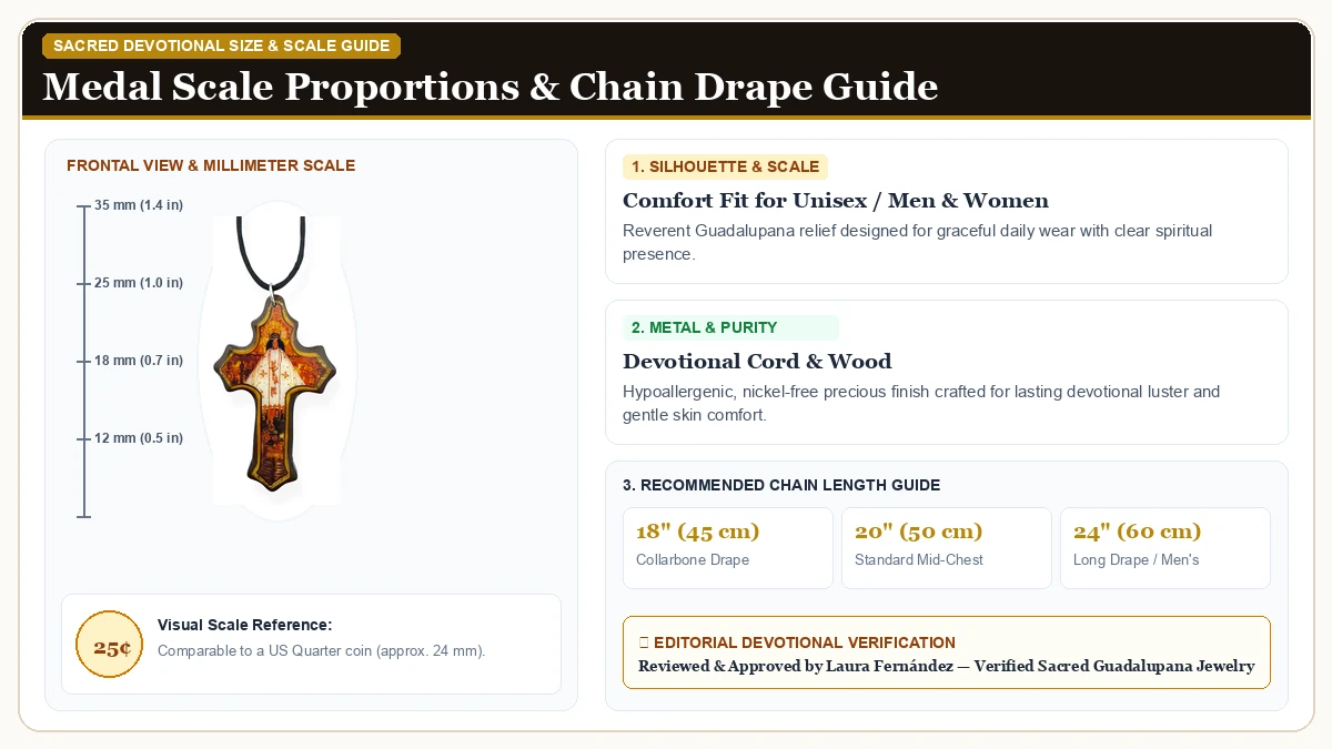 Size and millimeter scale measurement infographic: Our Lady of Juquila Virgin Mary Brown Wood Scapular Necklace Cros in Devotional Cord & Wood with chain drape guide