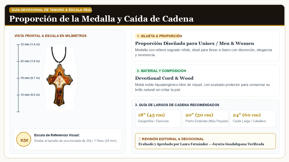 Infografía de escala y medidas en milímetros: Our Lady of Juquila Virgen María Brown Wood Escapulario Collar Cr en Cordón Devocional y Madera Sagrada con guía de tamaño y largo de cadena