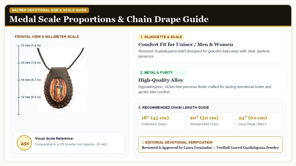 Size and millimeter scale measurement infographic: Our Lady of Guadalupe Virgin Mary Dark Brown Leather Scapular Nec in Hypoallergenic Metal Alloy with chain drape guide