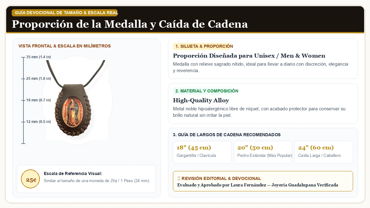 Infografía de escala y medidas en milímetros: Virgen de Guadalupe Virgen María Dark Brown Leather Escapulario C en Aleación Metálica Resistente Libre de Níquel con guía de tamaño y largo de cadena