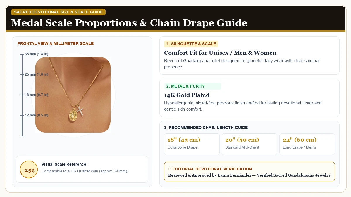 Size and millimeter scale measurement infographic: Gold Cross Necklace for Women in 14K Gold Plated Brass with chain drape guide