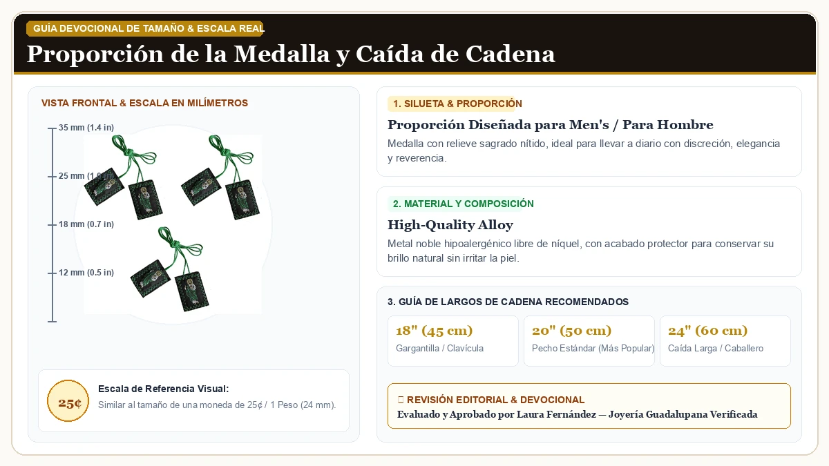 Infografía de escala y medidas en milímetros: 3 Pack Green Católico Scapulars of San Judas Tadeo, Virgen De Gua en Aleación Metálica Resistente Libre de Níquel con guía de tamaño y largo de cadena