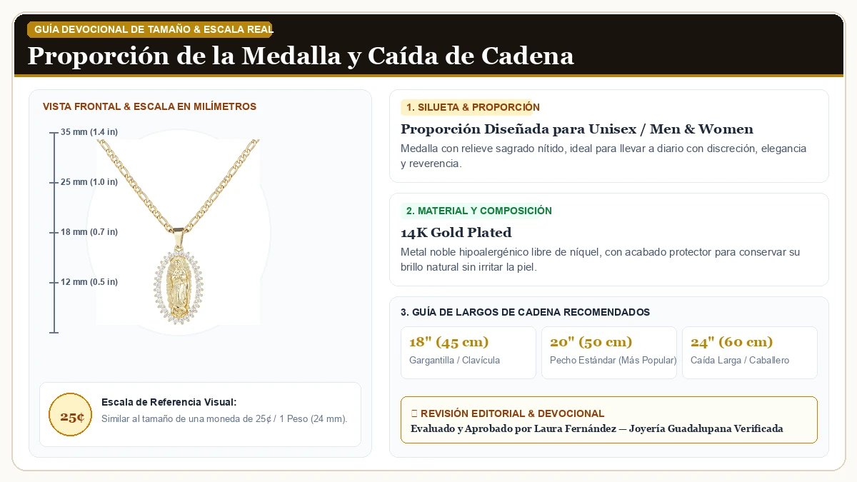 Infografía de escala y medidas en milímetros: Virgen María Collar para Dama 14K Oro Plated Virgen de Guadalupe  en Chapa de Oro de 14K de Alta Calidad con guía de tamaño y largo de cadena