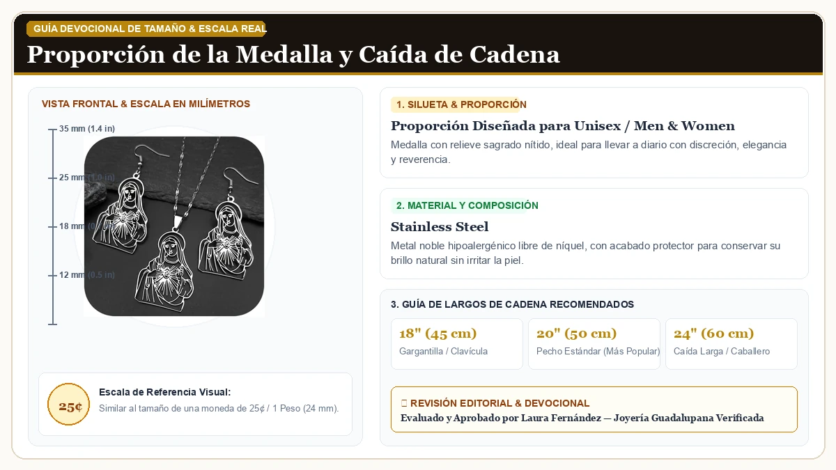 Infografía de escala y medidas en milímetros: Virgen María Collar y Earring Set para Dama Men Dainty Oro Aretes en Acero Quirúrgico Inoxidable 316L con guía de tamaño y largo de cadena